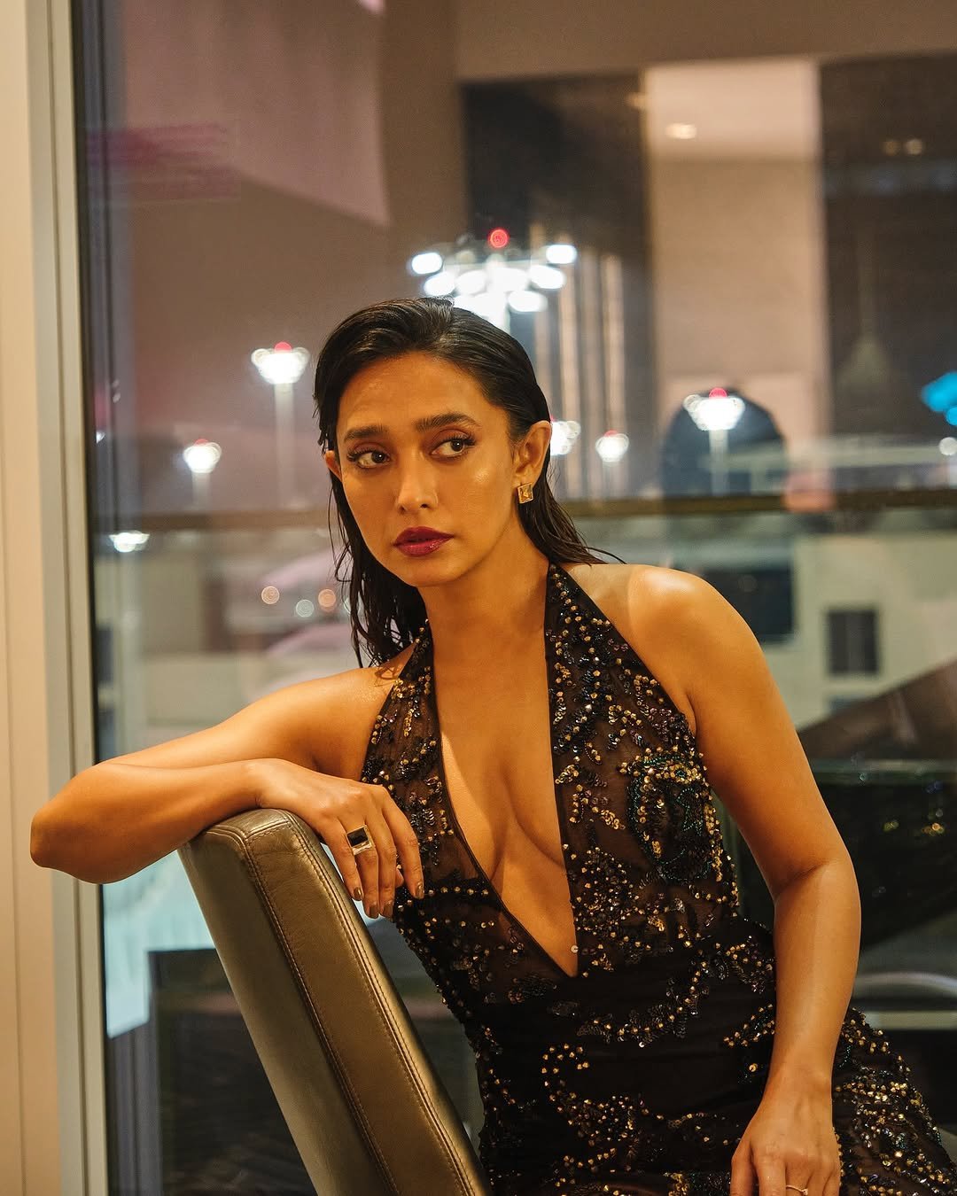 Sayani Gupta Bold in Black Sequin Plunge Dress (3)