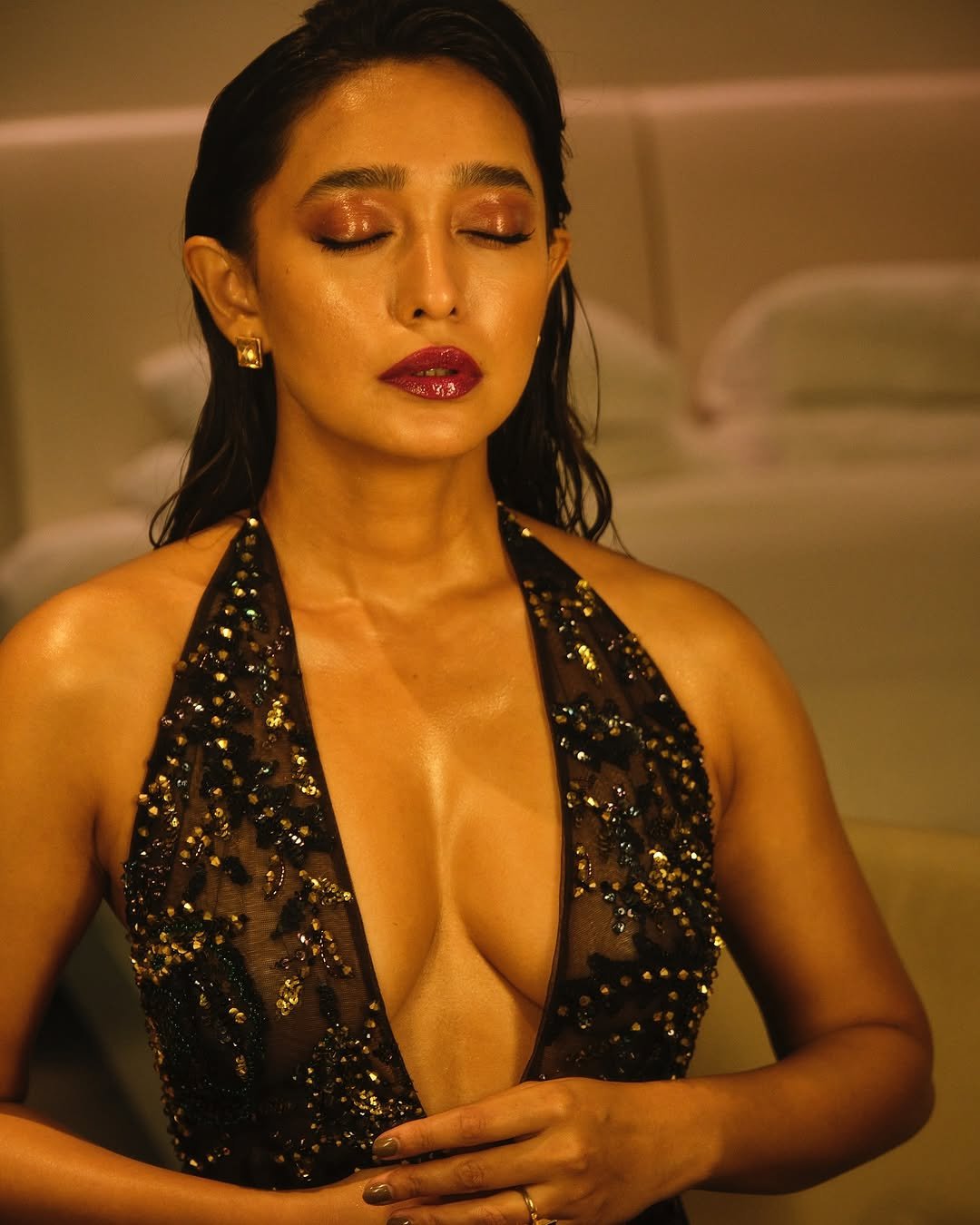 Sayani Gupta Bold in Black Sequin Plunge Dress (6)