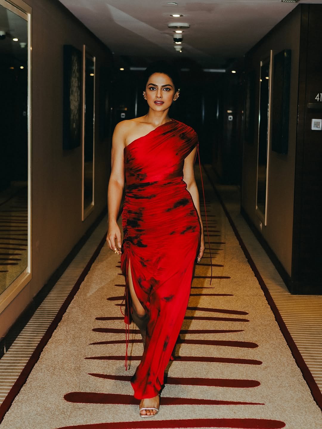 Shraddha Srinath Bold in Dramatic One-Shoulder Red Ruched Gown (1)