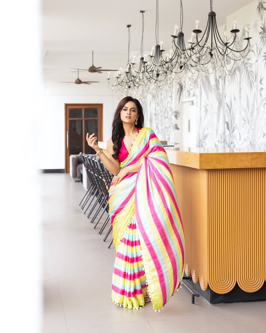 Shraddha Srinath Glows in Multicolor Striped Saree Photos (5)