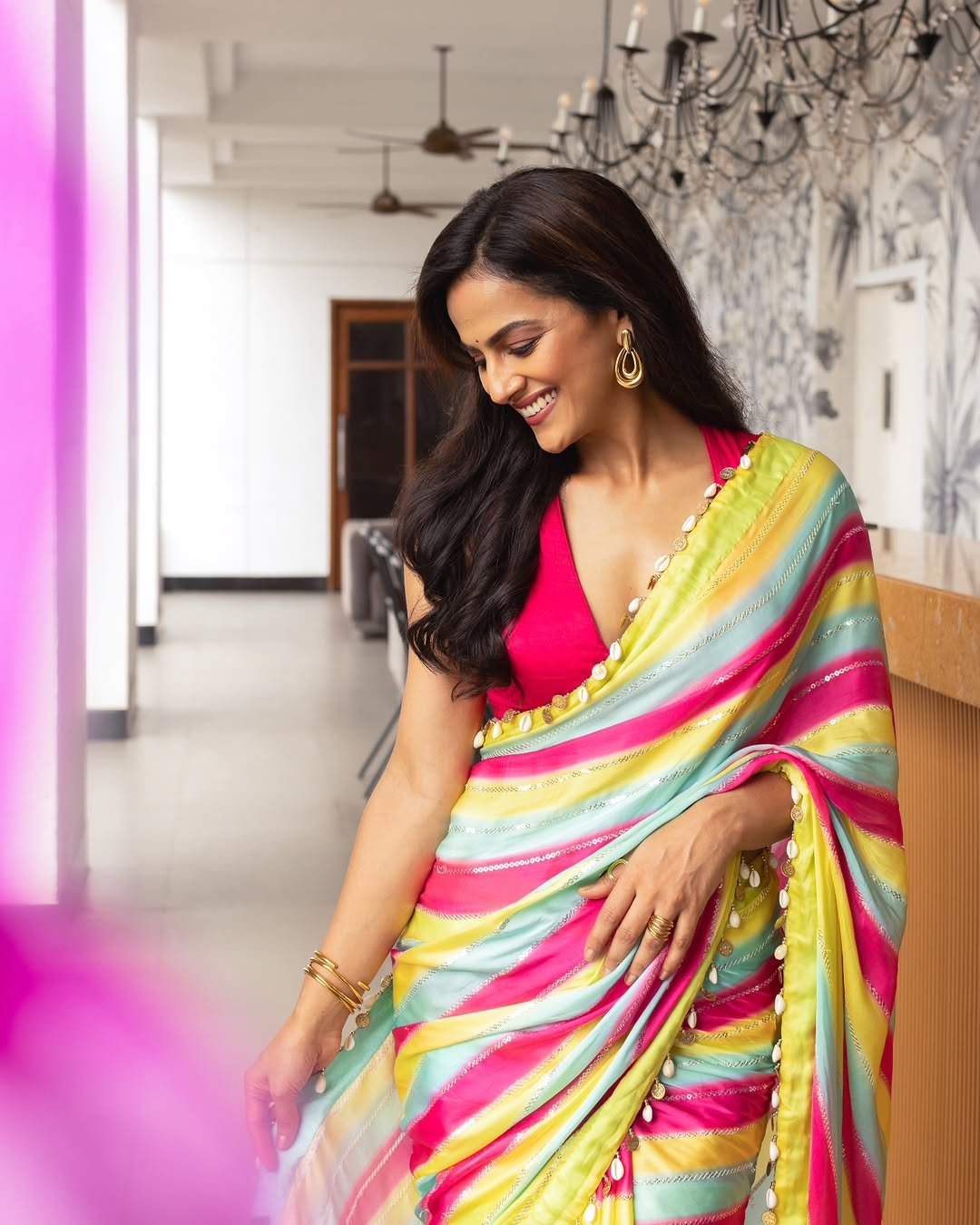 Shraddha Srinath Glows in Multicolor Striped Saree Photos (7)