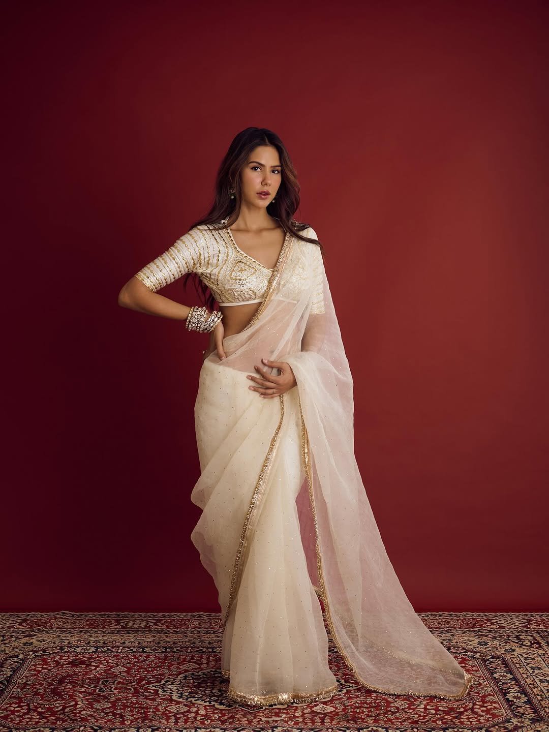 Sonam Bajwa Elegant in Off-White Saree with Gold Details (1)
