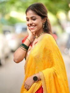Srija Dhammu Smiling in Yellow Saree (10)