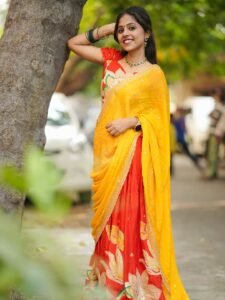 Srija Dhammu Smiling in Yellow Saree (2)