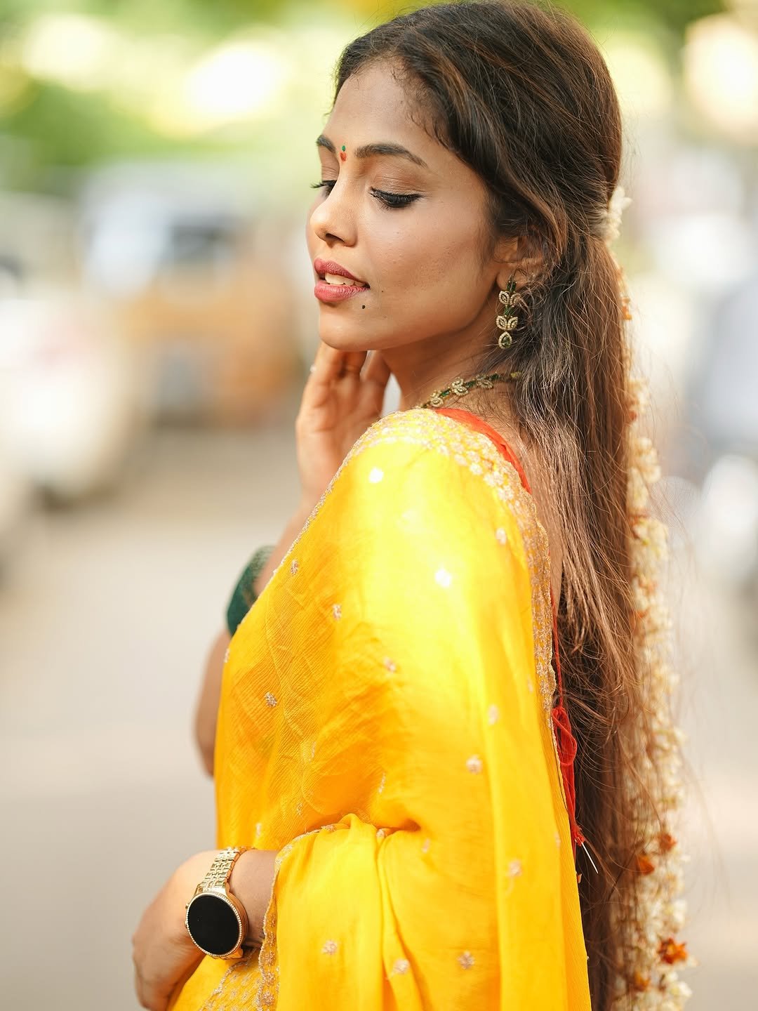 Srija Dhammu Smiling in Yellow Saree (9)