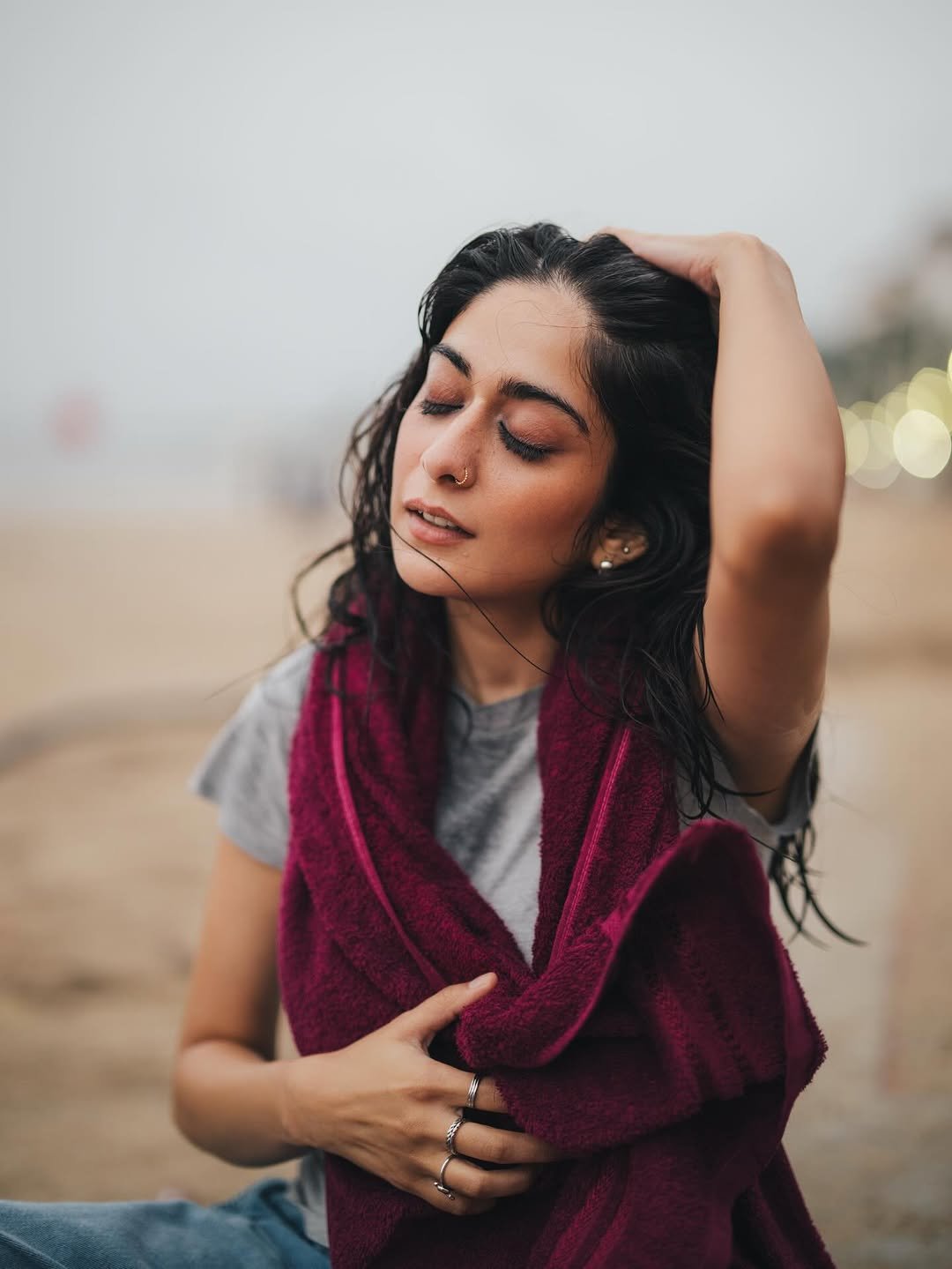 Tanya Maniktala Candid with Wet Hair in Maroon Towel (12)