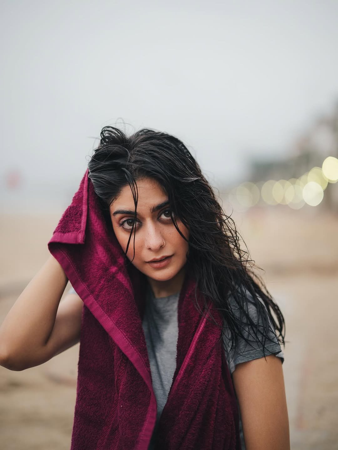 Tanya Maniktala Candid with Wet Hair in Maroon Towel (5)