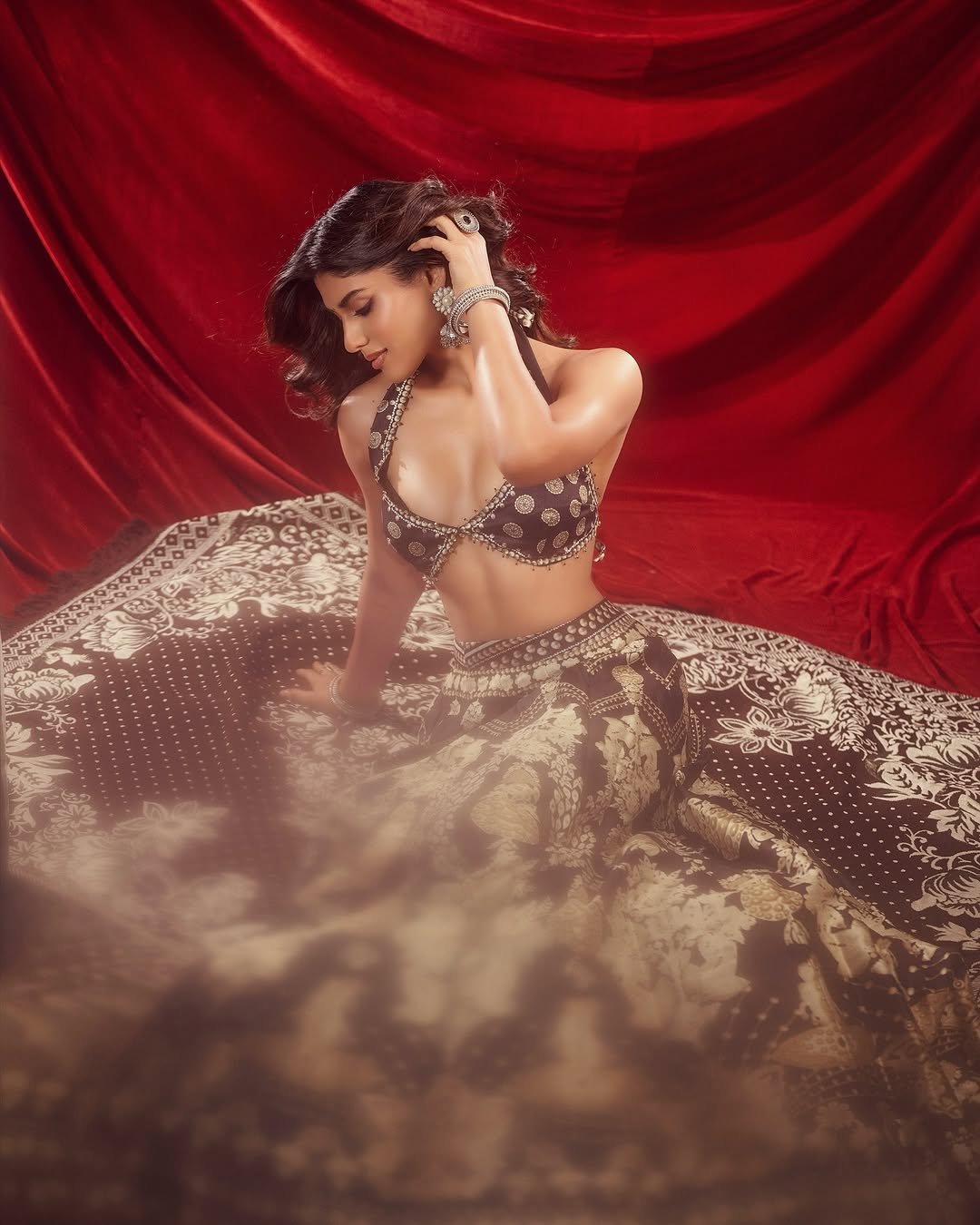 Trisha Shetty Glamorous Lehenga Shoot on Red Backdrop (2)