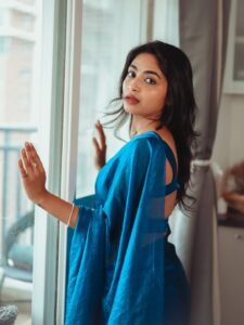 Alekhya Harika Latest Saree Images – Glamorous Blue Saree HD Photoshoot (10)