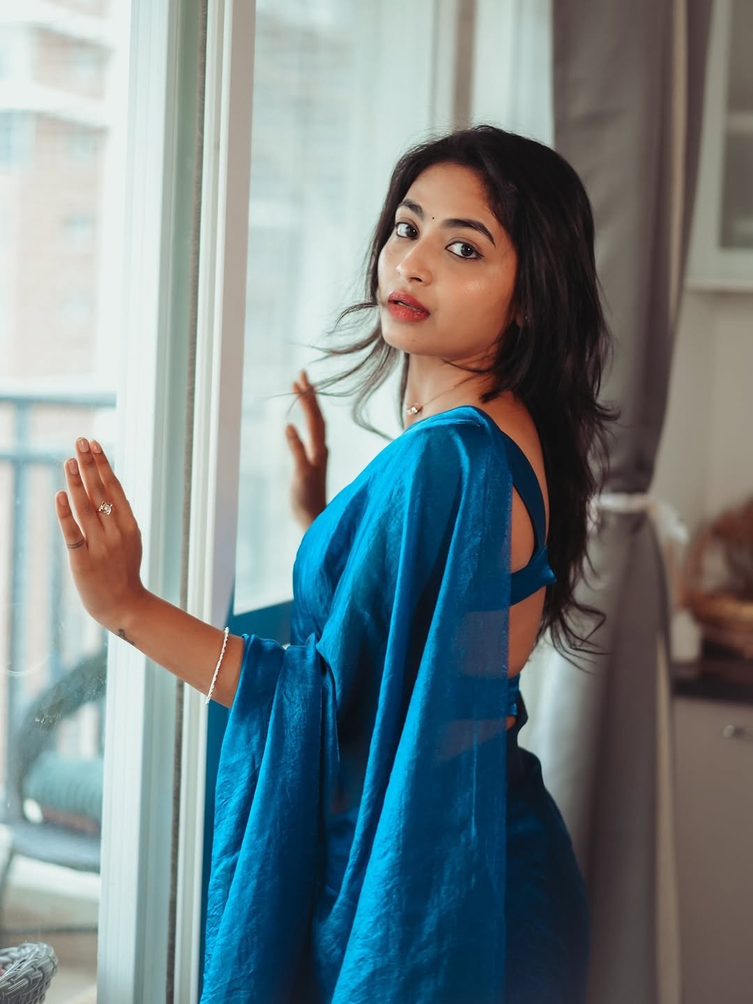 Alekhya Harika Latest Saree Images – Glamorous Blue Saree HD Photoshoot (10)