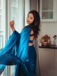 Alekhya Harika Latest Saree Images – Glamorous Blue Saree HD Photoshoot (11)
