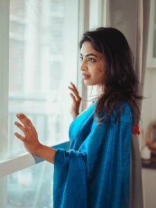 Alekhya Harika Latest Saree Images – Glamorous Blue Saree HD Photoshoot (13)