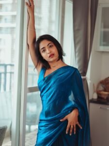 Alekhya Harika Latest Saree Images – Glamorous Blue Saree HD Photoshoot (2)