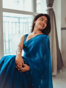 Alekhya Harika Latest Saree Images – Glamorous Blue Saree HD Photoshoot (7)