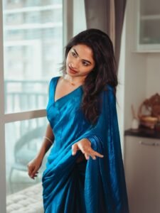 Alekhya Harika Latest Saree Images – Glamorous Blue Saree HD Photoshoot (8)