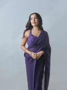 Anikha Surendran in lavender purple georgette saree during garden photoshoot