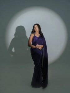 Anikha Surendran in lavender purple georgette saree during garden photoshoot