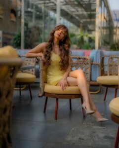 Anushka Sen in shimmery yellow sequin dress during 2025 photoshoot