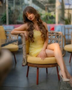 Anushka Sen in shimmery yellow sequin dress during 2025 photoshoot