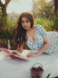 Ayesha Khan in sage green linen co-ord set in misty forest