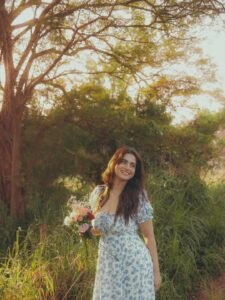 Ayesha Khan in sage green linen co-ord set in misty forest