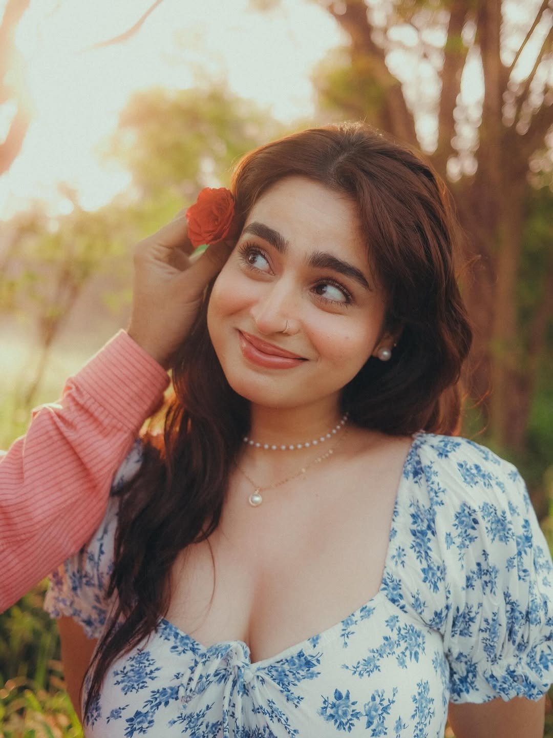 Ayesha Khan in sage green linen co-ord set in misty forest