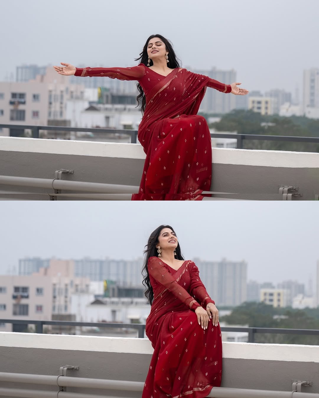 Delna Davis in Maroon Saree – Traditional Rooftop Look 2025 (1)
