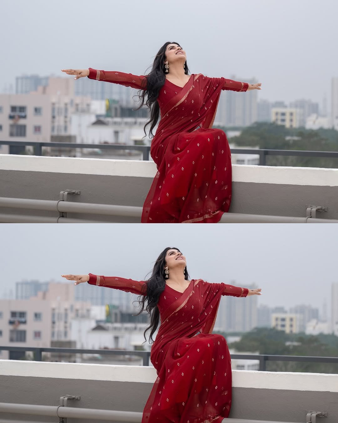 Delna Davis in Maroon Saree – Traditional Rooftop Look 2025 (13)