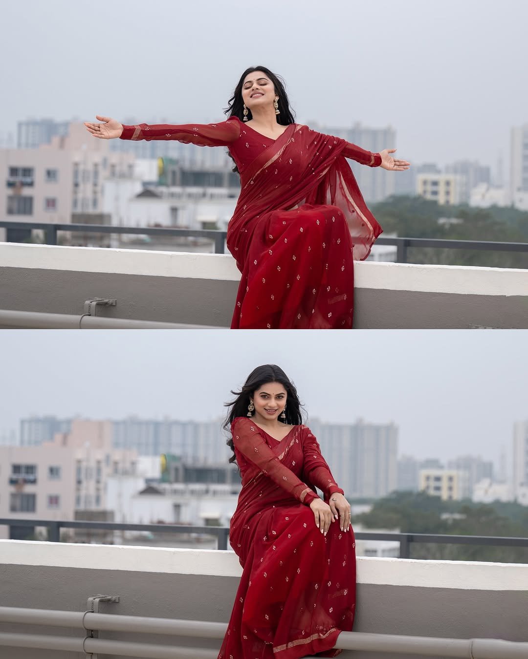 Delna Davis in Maroon Saree – Traditional Rooftop Look 2025 (14)