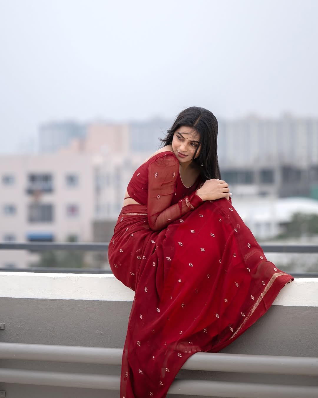 Delna Davis in Maroon Saree – Traditional Rooftop Look 2025 (2)