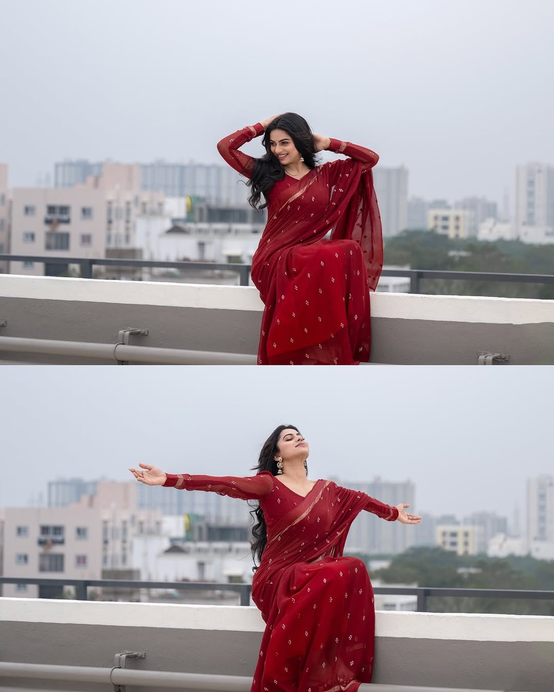 Delna Davis in Maroon Saree – Traditional Rooftop Look 2025 (6)