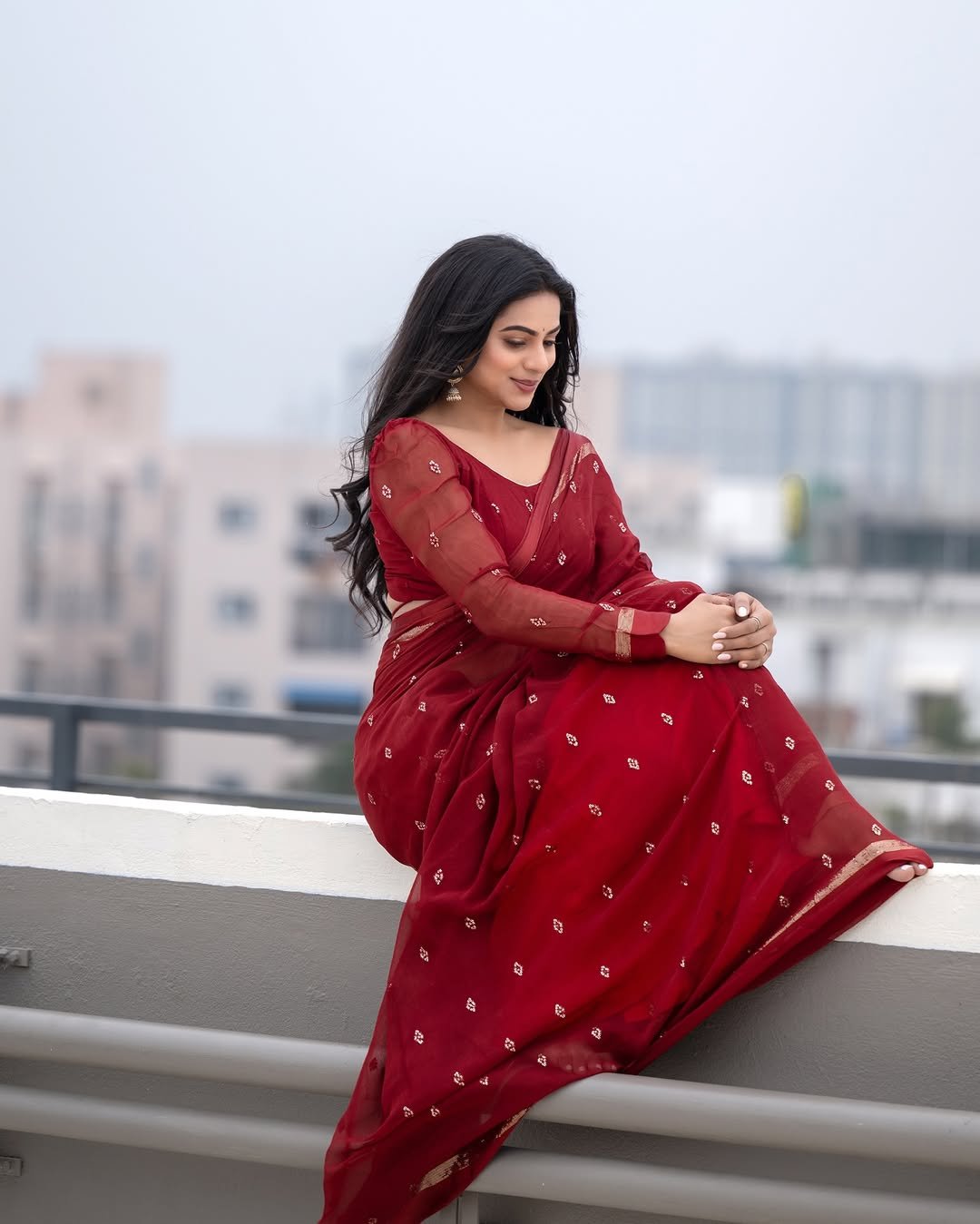 Delna Davis in Maroon Saree – Traditional Rooftop Look 2025 (7)