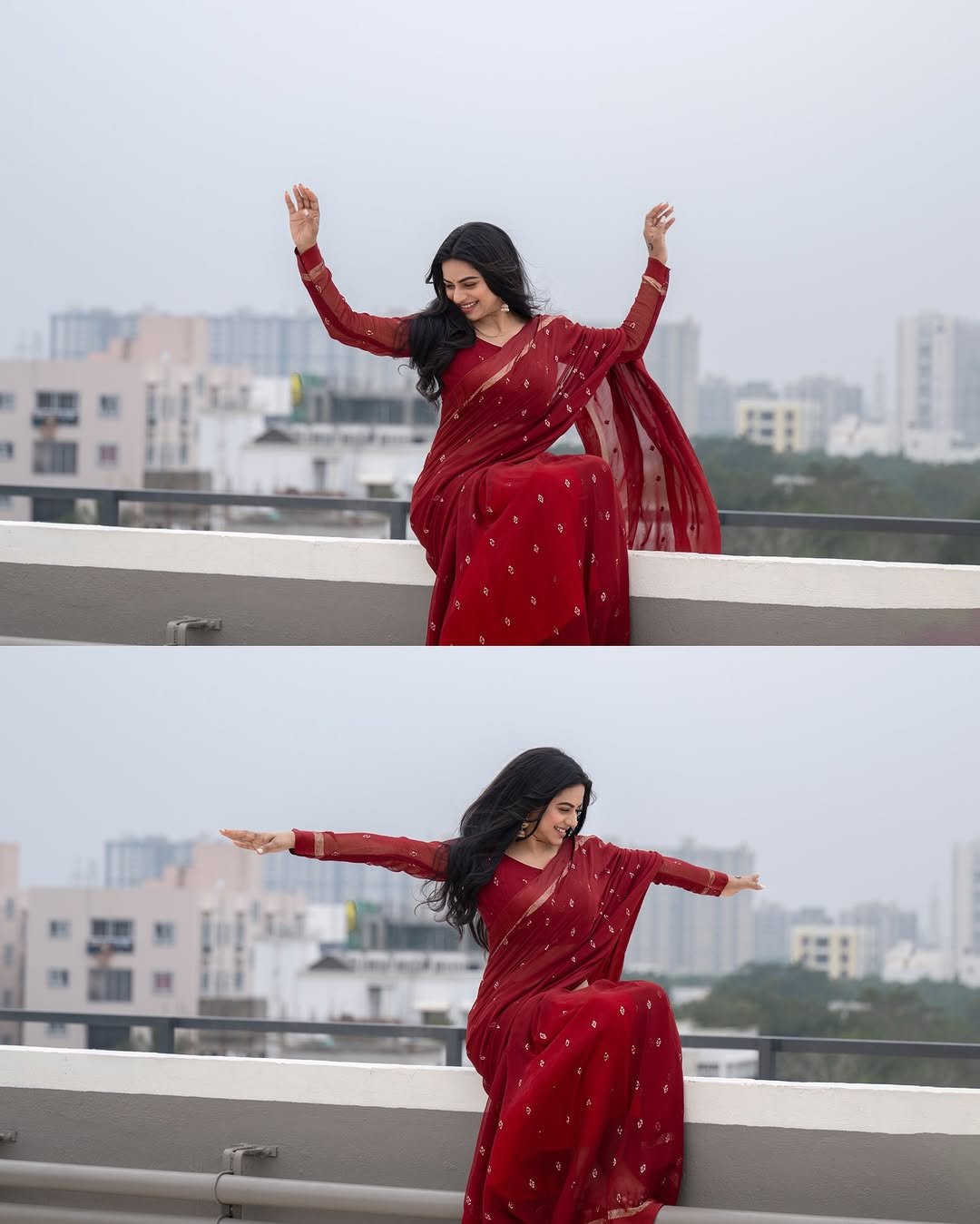 Delna Davis in Maroon Saree – Traditional Rooftop Look 2025 (9)