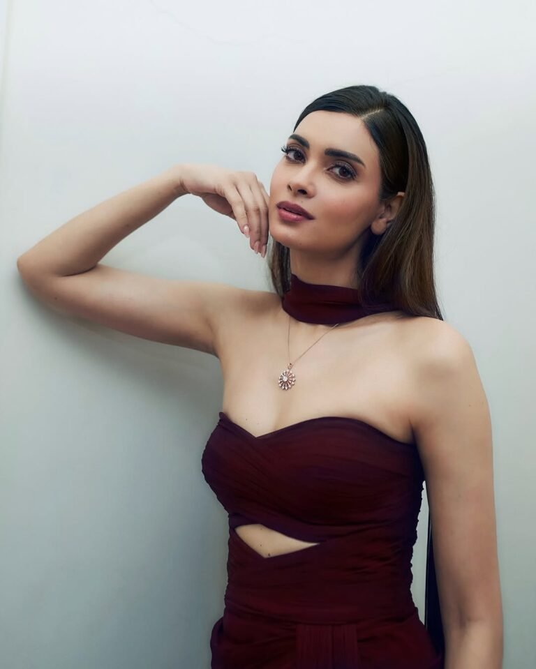 Diana Penty in deep maroon satin gown during elegant 2025 photoshoot