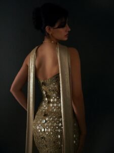 Disha Patani in liquid-gold metallic gown during 2025 photoshoot