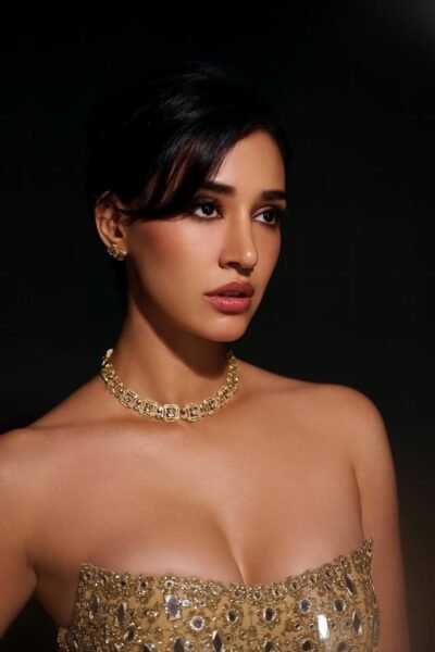 Disha Patani in liquid-gold metallic gown during 2025 photoshoot
