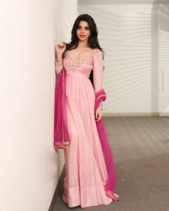 Divya Bharathi in blush pink Anarkali with silver zari during palace shoot
