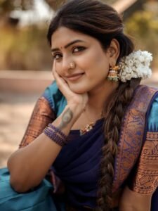 Eesha Rebba in royal blue Kanchipuram saree with silver zari