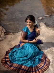 Eesha Rebba in royal blue Kanchipuram saree with silver zari