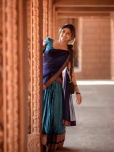 Eesha Rebba in royal blue Kanchipuram saree with silver zari