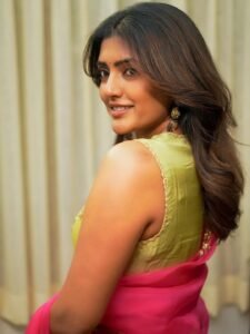 Eesha Rebba in yellow Anarkali with pink dupatta during garden photoshoot