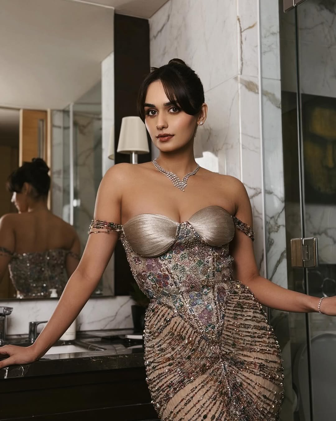 Manushi Chhillar Metallic Bustier Gown – Glam Evening Look (11)