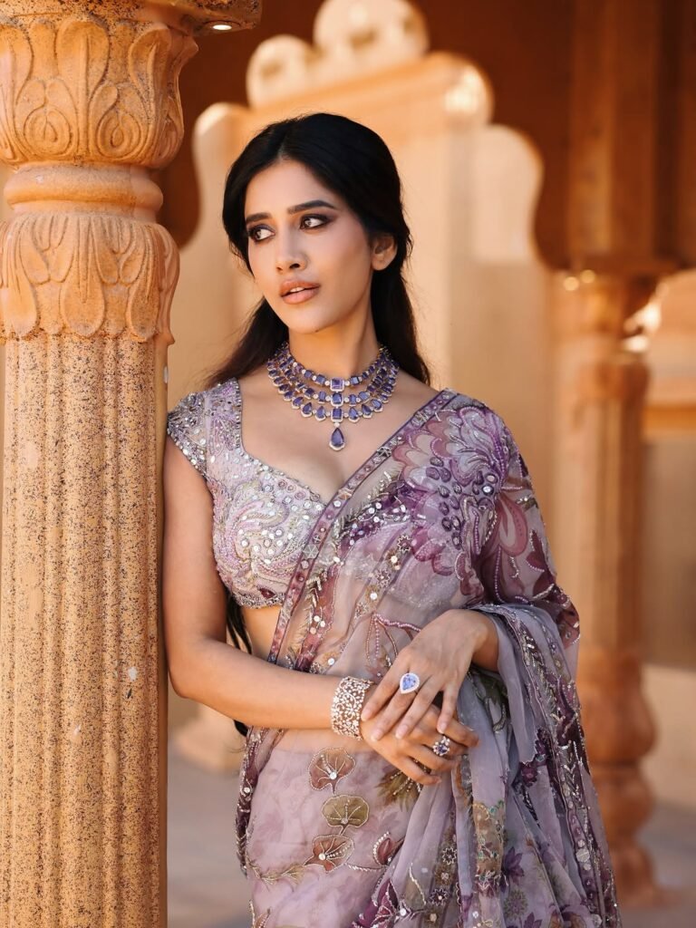 Nabha Natesh HD Photos in Purple Saree – Elegant Temple Pics Collection (10)