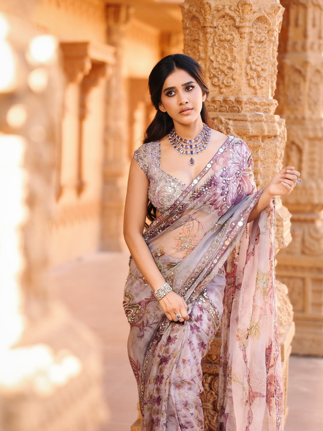 Nabha Natesh HD Photos in Purple Saree – Elegant Temple Pics Collection (12)