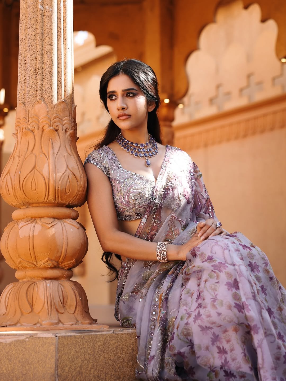 Nabha Natesh HD Photos in Purple Saree – Elegant Temple Pics Collection (13)