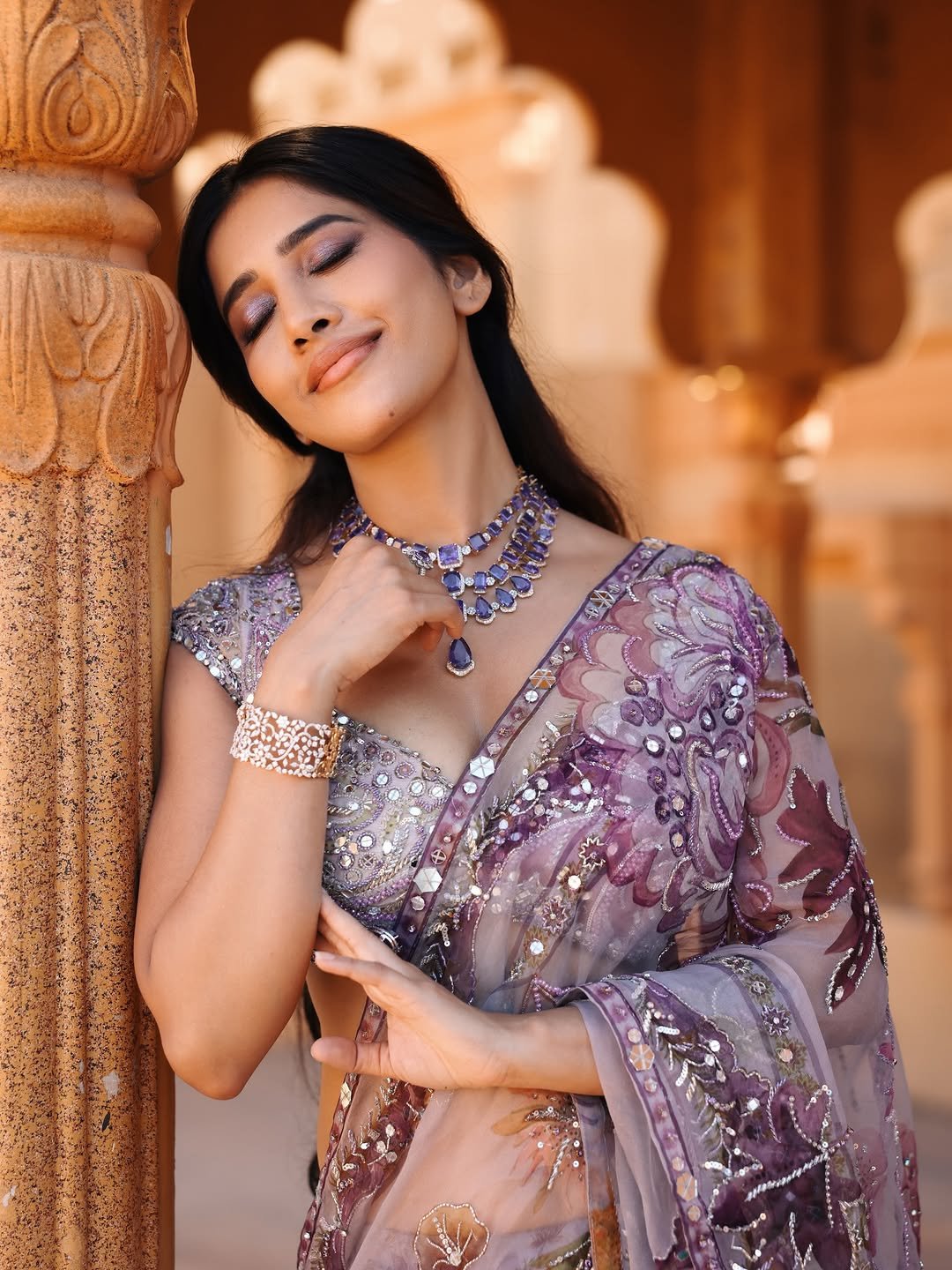 Nabha Natesh HD Photos in Purple Saree – Elegant Temple Pics Collection (2)