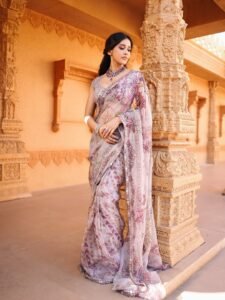 Nabha Natesh HD Photos in Purple Saree – Elegant Temple Pics Collection (4)