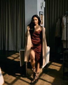 Preethi Mukundan in burgundy velvet dress during glam 2025 photoshoot