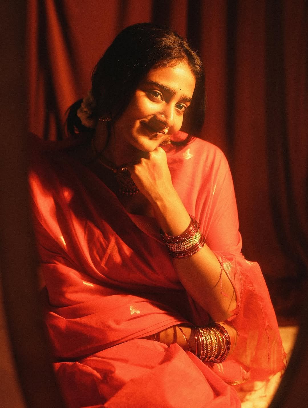 Yoga Lakshmi Golden Hour Close-Up – Traditional Nose Ring & Red Saree Glow (1)