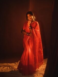 Yoga Lakshmi Golden Hour Close-Up – Traditional Nose Ring & Red Saree Glow (5)